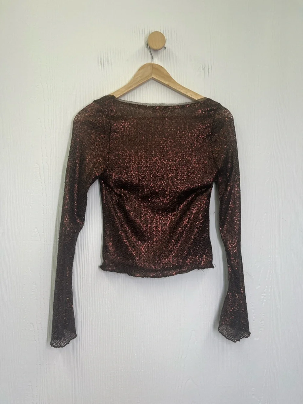 Free People - Late Night Disco Sequins Long Sleeve Fudge Brown Blouse Size Small